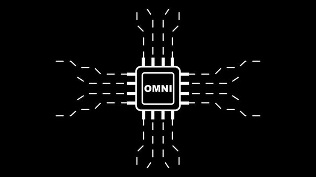 white o m n i microchip circuit board sign on black background technology concept omni