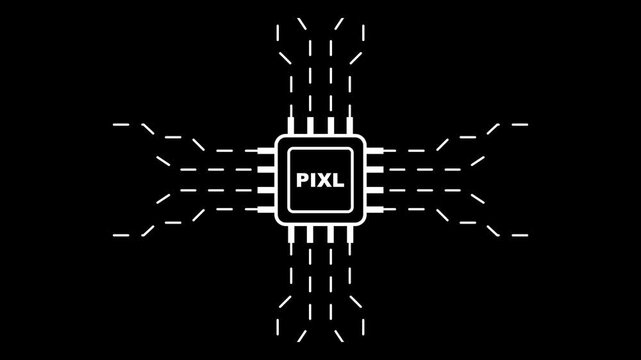 microchip with p i x l text on black background technology concept pixl computer chip