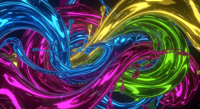 Abstract neon fluid dynamics, swirling colorful currents