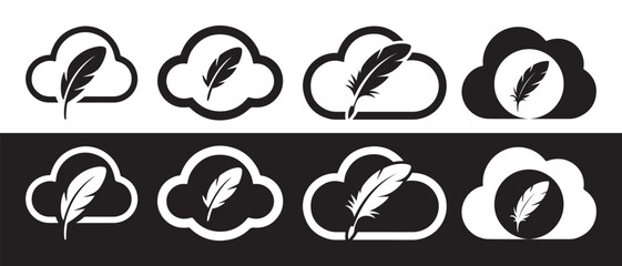 A collection of eight minimalist cloud and feather icons in black and white graphic design styles. © Safali