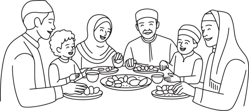 Diverse multi-generational family gathered around a table for a meal, sharing food and conversa