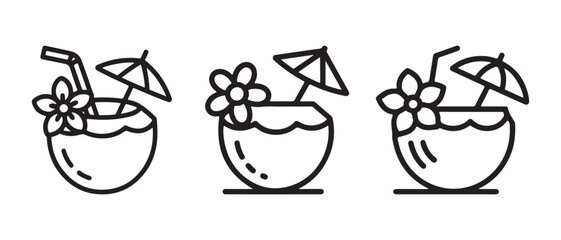 Minimalist Line Art Coconut Cocktail Icons with Tropical Decorations for Summer Vacation and Refreshment Themes. © Safali
