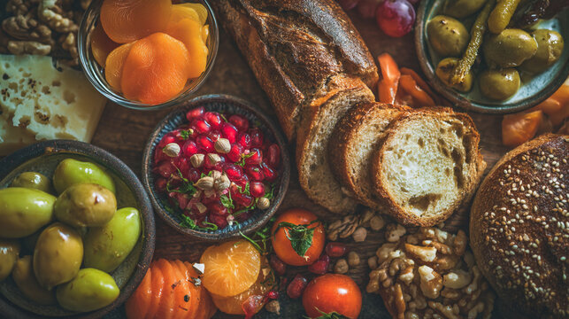 Delicious Mediterranean food spread with bread fruits and nuts