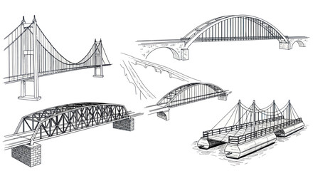 Collection of Hand-Drawn Bridge Designs: Suspension, Arch, Truss, and Pontoon © Apel