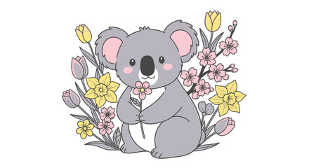 Naklejka premium Adorable Koala Surrounded by Spring Blooms - A Charming Illustration.