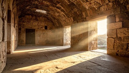 Ancient Stone Structure with Sunlight Beams Dramatic Light and Shadow Historical Building.