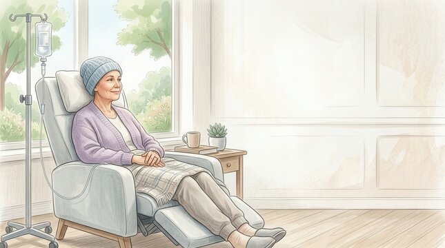 Illustration of chemo patient sitting in hospital chair looking out window. Woman in beanie receives intravenous infusion in clinic. Cancer treatment, healthcare and oncology recovery concept.