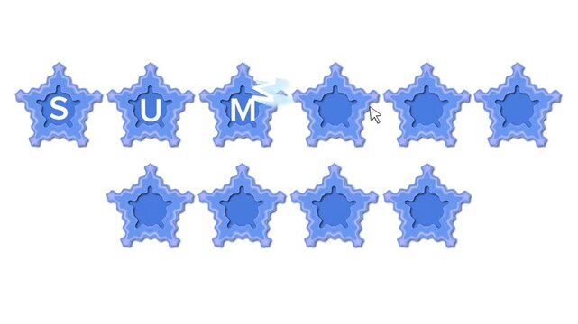 4K Elegant White Letter Reveal Animation &ldquo;SUMMER SALE&rdquo; Appearing One by One on Blue Star Paper Cutout Badges, Soft Layered Craft Style, Minimal Background, Seasonal Discount Promotion Typography