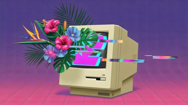 Vintage CRT monitor with neon glitch flowers &ndash; Perfect for synthwave branding, Y2K fashion, or creative technology themes.