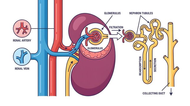 Detailed diagram illustrating the human kidney's structure and the nephron's function, showing the processes of filtration, reabsorption, and secretion in urine formation.