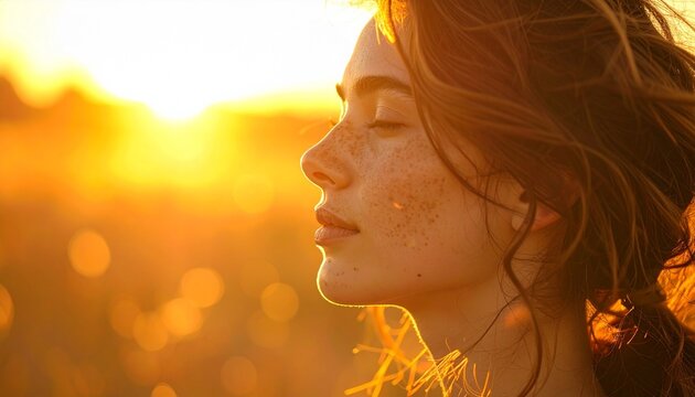 Serene Woman in Golden Hour Light Seeking Inner Peace and Mindfulness Embracing Tranquility and Natural Beauty.