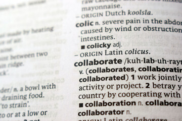 Fototapeta premium English Dictionary Page Close Up With The Word Definition Of - collaborate