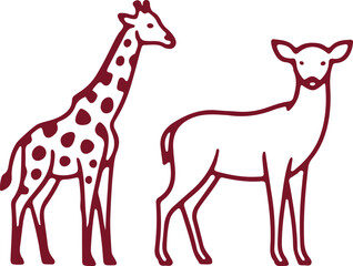Fototapeta premium Giraffe and antelope standing side by side in silhouette style