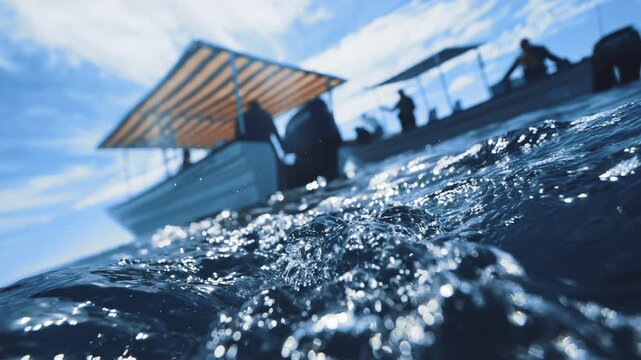 Cinematic abstract blurred bokeh speed boat swinging in harsh sea waves. Tourist whale watching boat i Mexico, California. Safari tourism. Shot made from surface. Sparkling water bubbles and waves