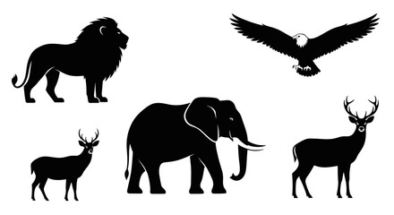 Fototapeta premium black silhouettes of wild animals, lion, eagle, elephant, deer