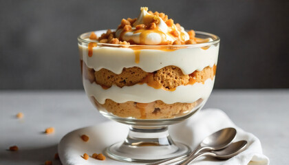 A Layered Caramel Trifle In A Stemmed Glass Bowl Featuring Alternating Tiers Of Sponge Cake Creamy White Filling And Golden Caramel Sauce Topped With Whipped Cream And Crunchy Toffee Bits