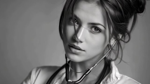 Female health check awareness portrait featuring a young woman with a stethoscope promoting health education in a clinical setting