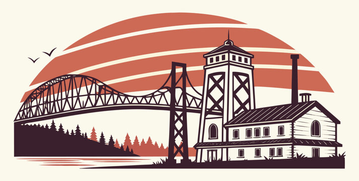 Vancouver Skyline Silhouette Vector with Columbia River Bridge