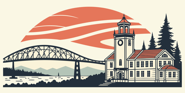 Vancouver City Sunset Skyline Silhouette Vector Illustration