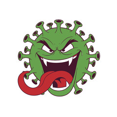 Fototapeta premium Evil Cartoon Coronavirus Character with Spiky Protrusions and Red Tongue.