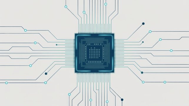 Central blue microchip with connecting circuit lines on a light background represents modern technology and computing innovation