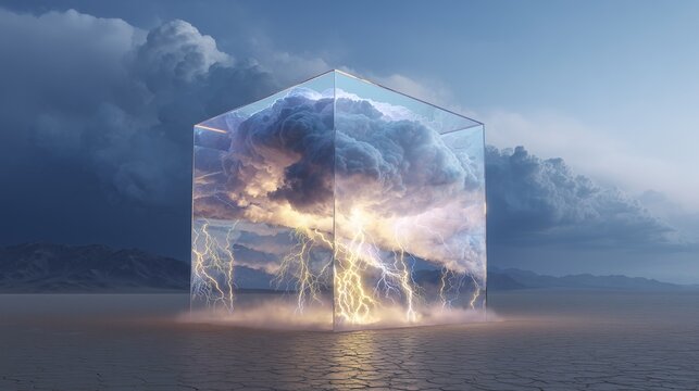 giant transparent cube floating above a desert containing a miniature thunderstorm with lightning and clouds inside impossible weather experiment