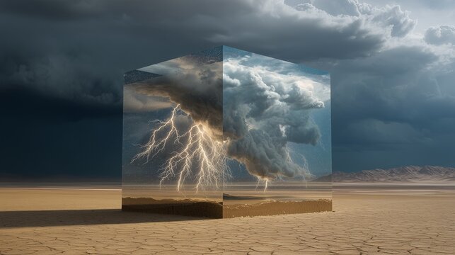giant transparent cube floating above a desert containing a miniature thunderstorm with lightning and clouds inside impossible weather experiment