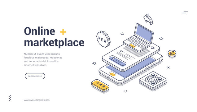 Isometric online marketplace banner template. Vector illustration of mobile commerce and digital technology. Modern concept for a website landing page or application presentation