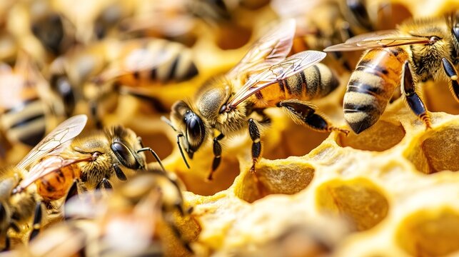 diploid. A queen bee surrounded by worker bees in a honeycomb during golden hour. wildlife magazines, conservation campaigns, designed for nature documentaries and education.
