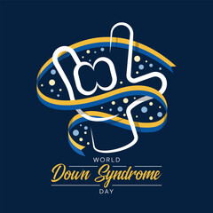 World down syndrome day - white line love you hand with blue yellow long ribbon rolling around on dark blue background vector design