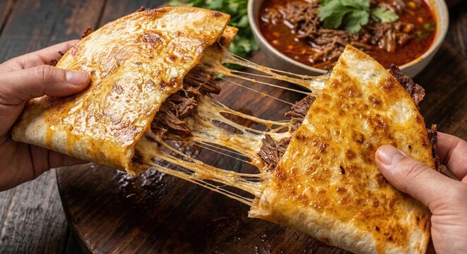 Shredded beef pizzabirria quesadilla with extreme cheese pull