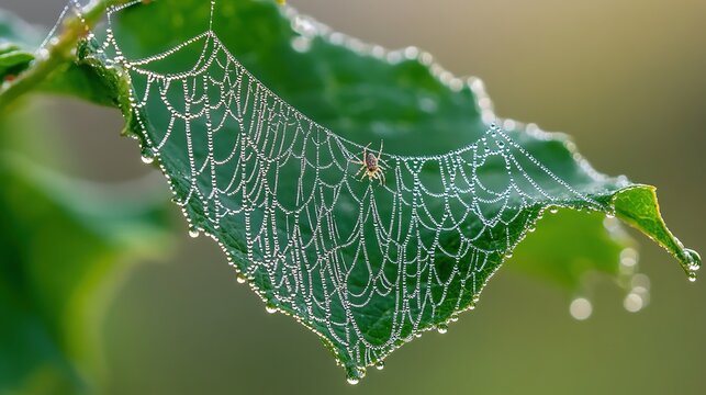 unobserved. A spider weaving a delicate web on a large green leaf with morning dew. wildlife magazines, conservation campaigns, designed for wildlife conservation campaigns, used by product managers.