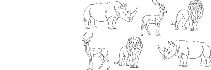 Vector Line Art Collection Featuring African Safari Animals Including Rhinoceros Lion and Antelope for Minimalist Nature Graphic Design Projects © NR