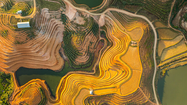 Aerial drone view of Tad Ma Waterfall in Vientiane, Laos, surrounded by vast rice terraces and fertile farmland nourished by abundant water resources.
