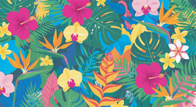 Vibrant tropical floral pattern with colorful hibiscus, orchids, bird of paradise flowers, and lush green foliage.