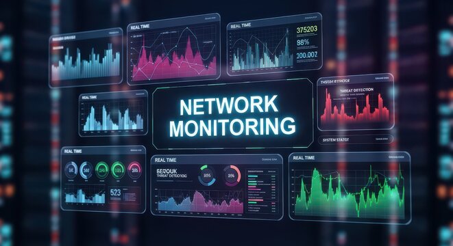 Multiple screens display network monitoring data with graphs and charts, indicating real-time network performance and analysis.