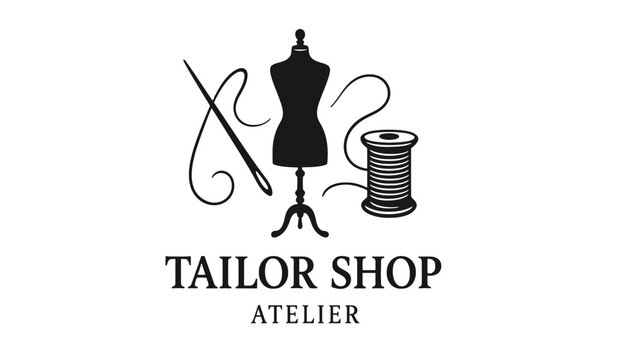 A tailor shop logo with a dress form and sewing tools