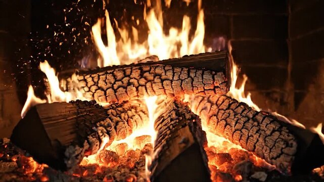 Wooden logs burning in fireplace.