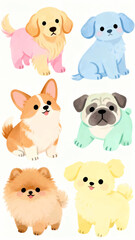 Fototapeta premium Set of cute colorful dog characters in watercolor style, kawaii puppy collection