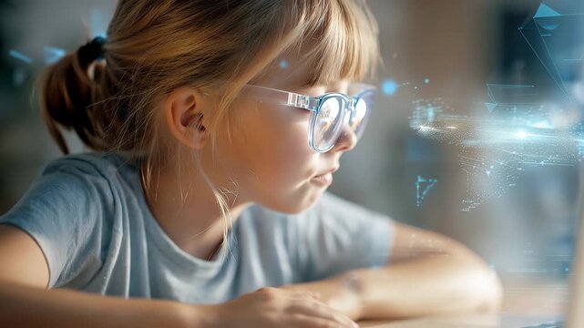 Young student engaged in interactive online learning using a laptop in a digital classroom setting with futuristic elements and virtual overlays around her