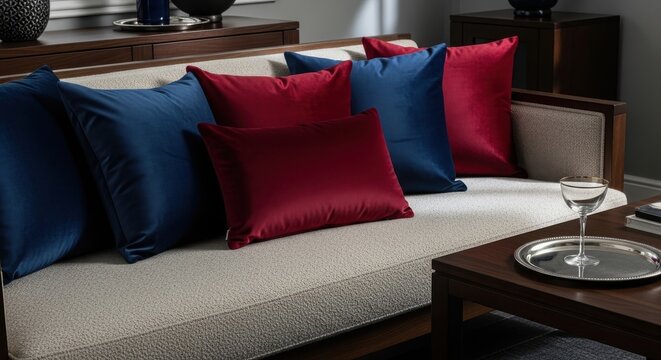 Luxurious Velvet Accent Pillows in Rich Sapphire and Ruby Hues Adorning a Comfortable Sofa
