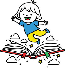 Cute Cartoon Child Flying Over Open Book Representing Imagination and Learning Concept
