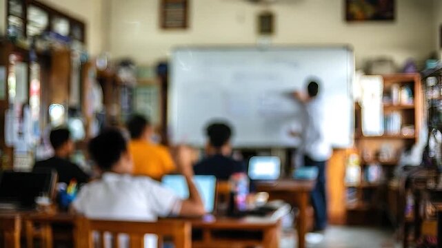 Blurred view of a teacher instructing students in a modern classroom setting