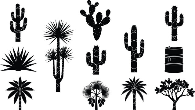 Vector Silhouette Collection of Desert Plants Featuring Saguaro Cactus Prickly Pear Yucca and Palm Trees for Arid Landscape Graphic Design