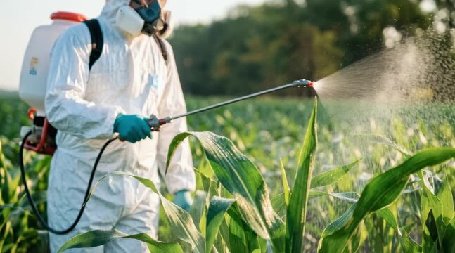 Agricultural worker in protective hazmat suit spraying chemical pesticide on green corn field