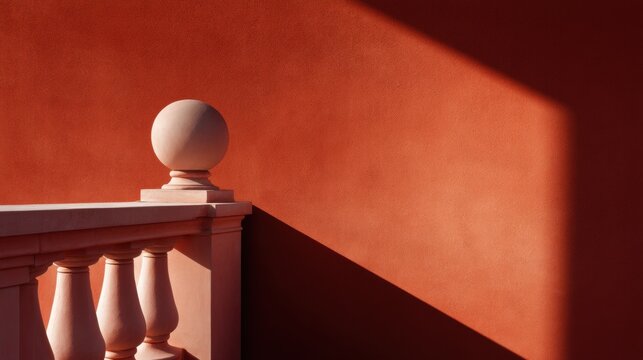 Close-up of a white balustrade with a round ball finial on top. the baluster is attached to a red wall, casting a shadow on the right side of the image.