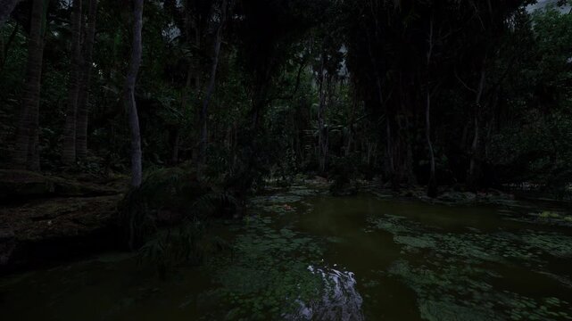 Moonlit cypress swamp at dusk, reflective water and floating duckweed under dense canopy, soft moss draping trunks, quiet stillness evokes cinematic nocturne