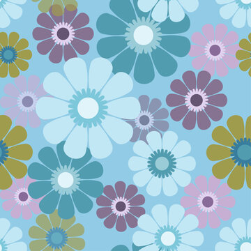 Seamless Floral Pattern with Colorful Pastel Daisies on Light Blue Background, Vector Illustration of Repeatable Flower Tile for Fabric, Wallpaper and Digital Paper.