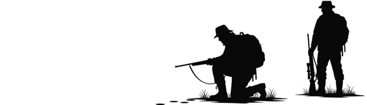 Vector Silhouette Collection of Hunters Featuring a Tracker Examining Footprints and a Standing Hunter with a Rifle for Outdoor Wilderness Sport Design