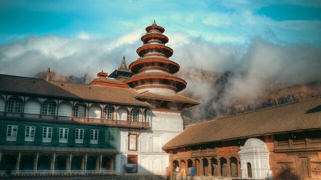 Ancient Basantapur Tower at Kathmandu Durbar Square Nepal with copy space